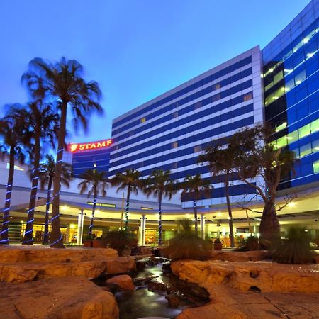 Stamford Plaza Sydney Airport Hotel & Conference Centre Exterior photo The photo shows a modern building, likely a hotel or commercial structure, illuminated during twilight. The facade features a combination of glass and concrete, with blue-tinted windows. In the foreground, there are several palm trees and rocks, sugg
